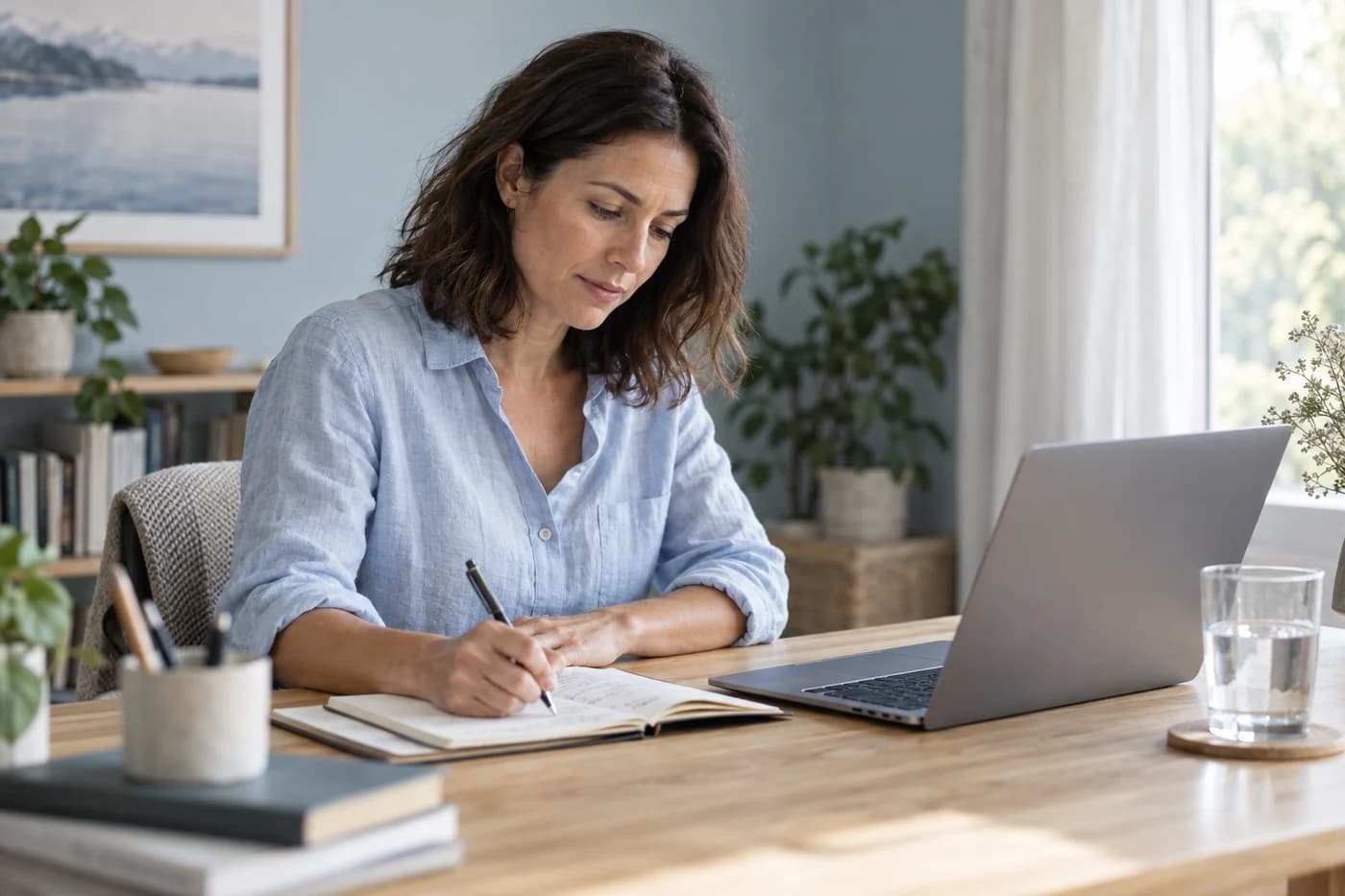 A professional preparing her work at a desk with a notebook and a laptop.
